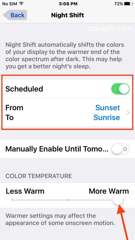 Imposta Night Shift per programmare da Sunset a Sunrise in iOS