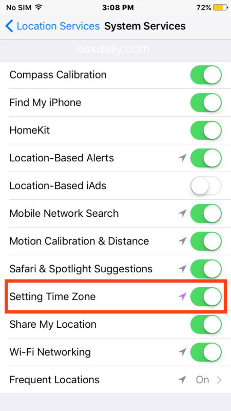 La pianificazione di Night Shift richiede che le impostazioni del fuso orario siano abilitate in iOS