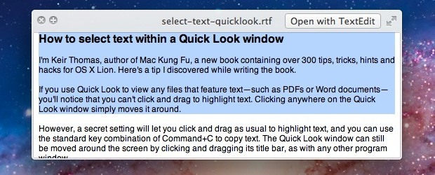 Seleziona il testo all'interno di QuickLook Windows