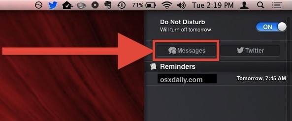 Avvio di una nuova conversazione di messaggi dal pannello delle notifiche in Mac OS X
