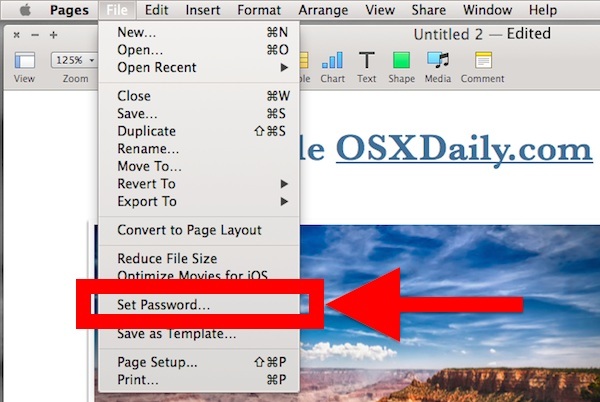 Imposta una password sul file iWork in Mac OS X.