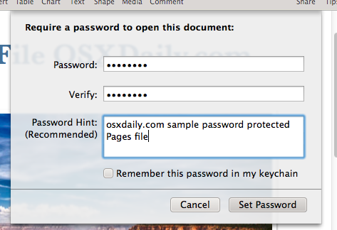 Impostazione della password per un file iWork in Mac OS X