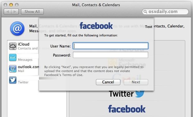 Configura Facebook in Mac OS X