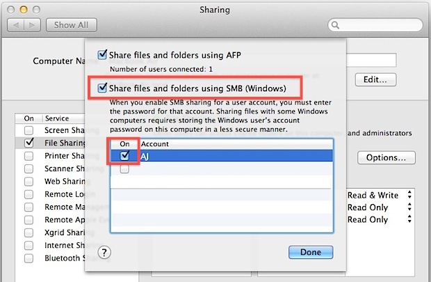 Abilita Condivisione file di Windows in Mac OS X.