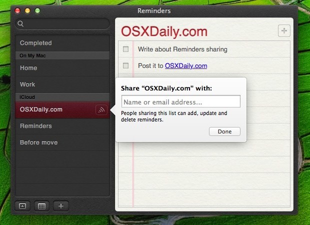 Condividi i promemoria da OS X o iCloud.com