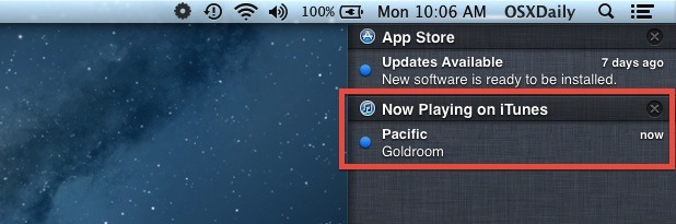 Avviso di iTunes Song nel Centro di notifica di Mac OS X
