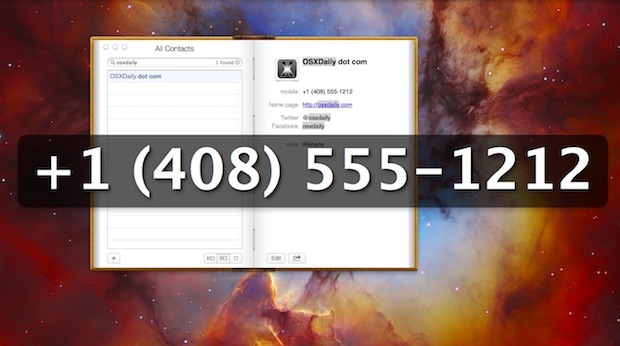 Numero di telefono grande visualizzato nell'app Contatti di OS X