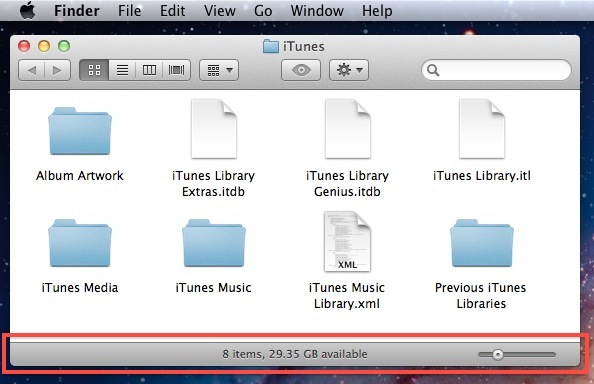 Barra di stato nelle cartelle di Mac OS X.