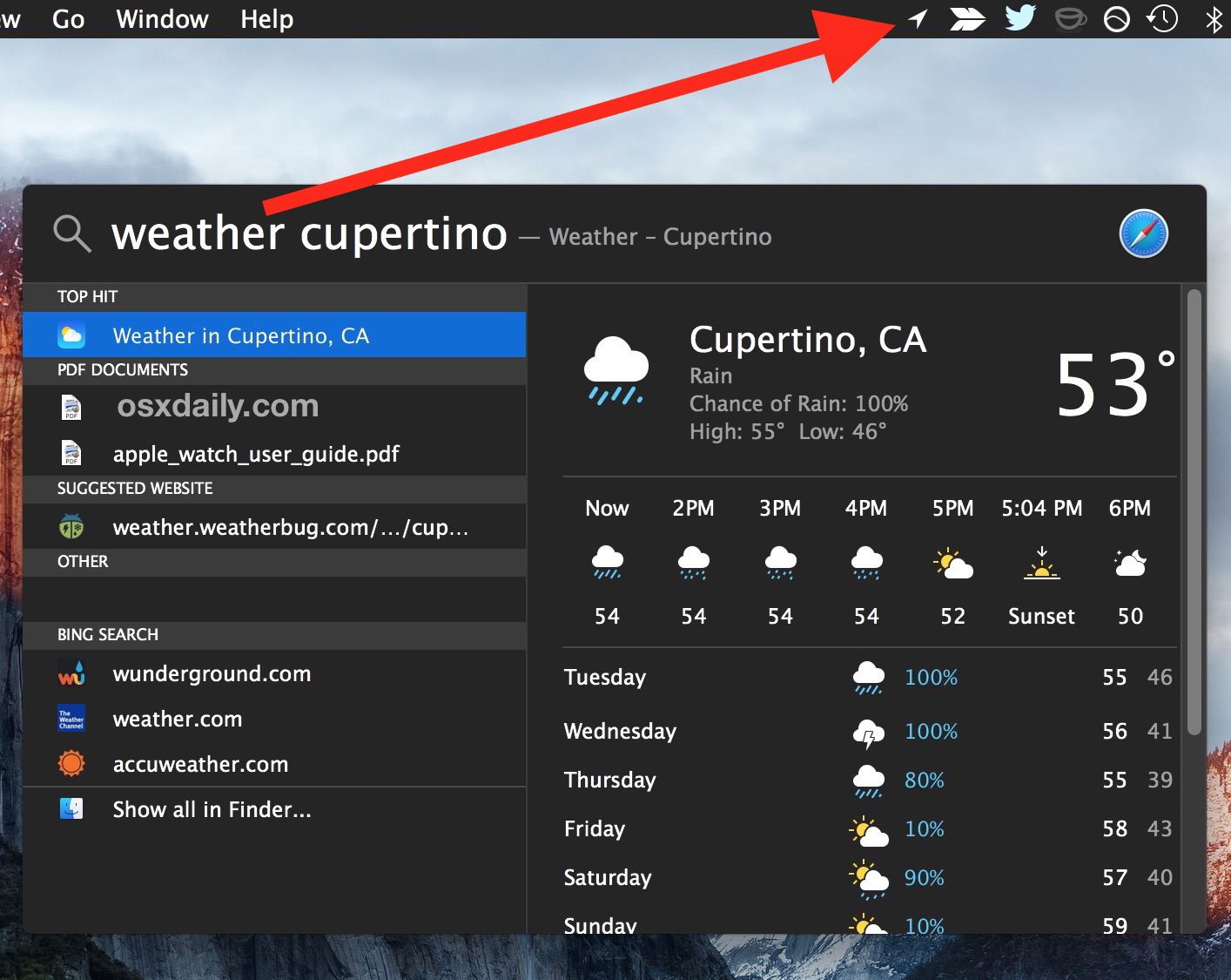 Mostrare l'icona di utilizzo della posizione nella barra dei menu di Mac OS X mentre il meteo di Spotlight viene richiamato per la posizione