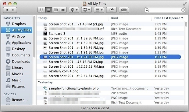 Data ultima apertura Ordinamento in Tutti i miei file di OS X Finder