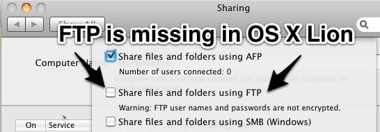 Server FTP mancante in OS X Lion, ma è comunque possibile attivarlo