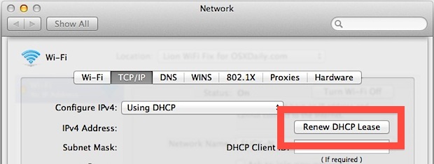 Rinnova il DHCP in Mac OS X Lion