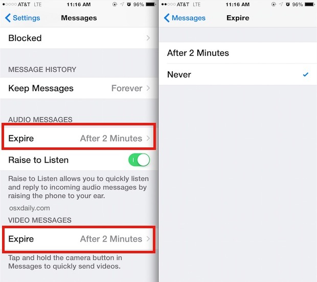 Elimina automaticamente i messaggi multimediali in iOS