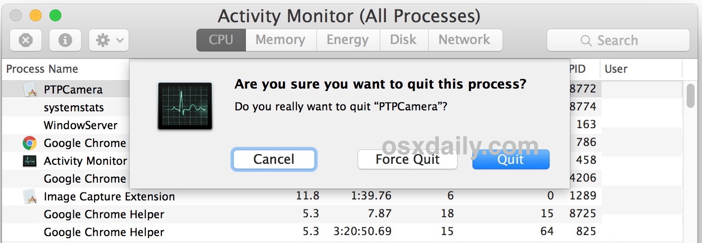 Uccidi il processo PTPCamera su Mac
