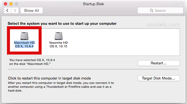 Seleziona la partizione Mavericks da OS X Yosemite per tornare al boot