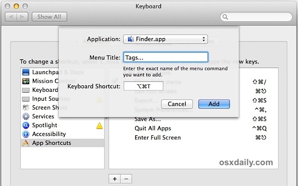 Imposta una scorciatoia da tastiera per la codifica dei file in Mac OS X.