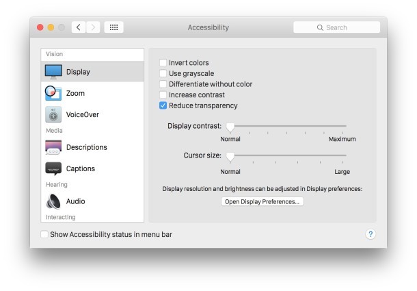 Disattiva Trasparenza accelera OS X