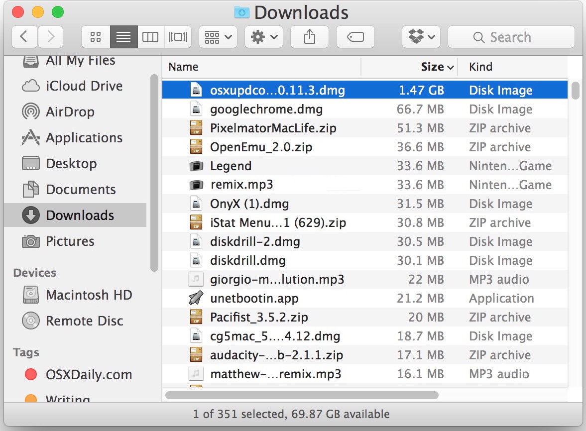 Trova file di grandi dimensioni nella cartella dei download da eliminare
