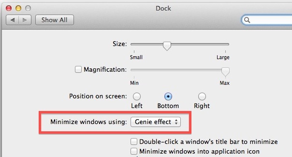 Usa l'effetto Genie per minimizzare il Dock