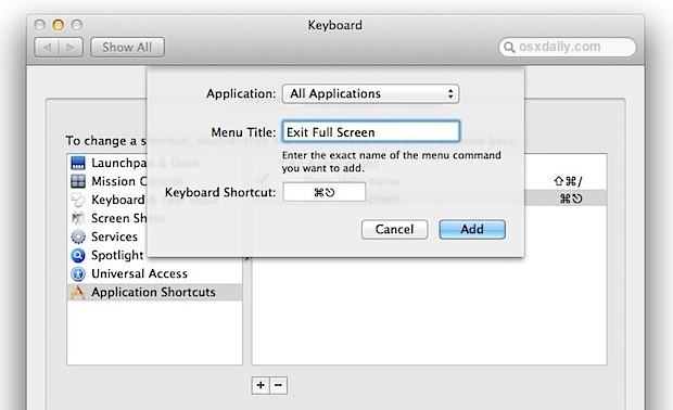 Aggiungi una scorciatoia da tastiera a schermo intero in Mac OS X Lion