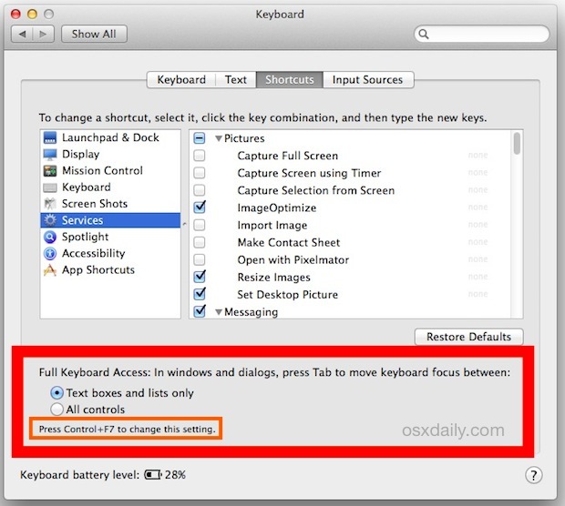 Attiva o disattiva la navigazione dei tasti di tabulazione in Mac OS X con un tasto