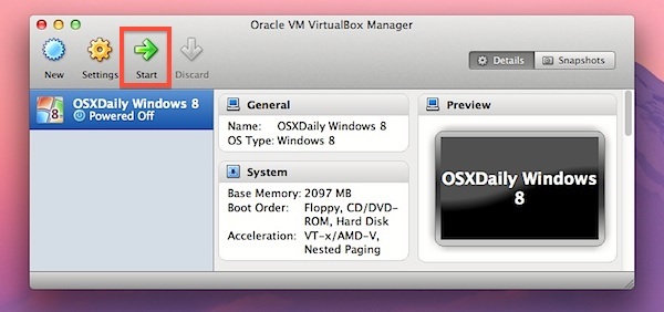 Avvia VirtualBox VM con Windows 8