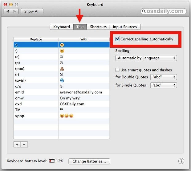 Disabilita la correzione automatica in Mac OS X