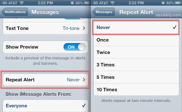 Disattivazione della ripetizione degli avvisi di messaggi di testo su iPhone