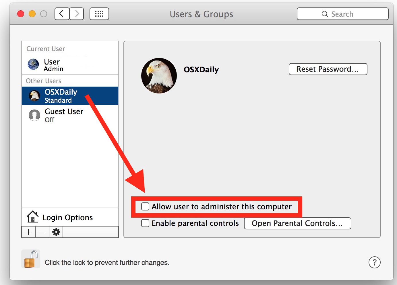 Cambia lo standard nell'account amministratore su Mac OS X.
