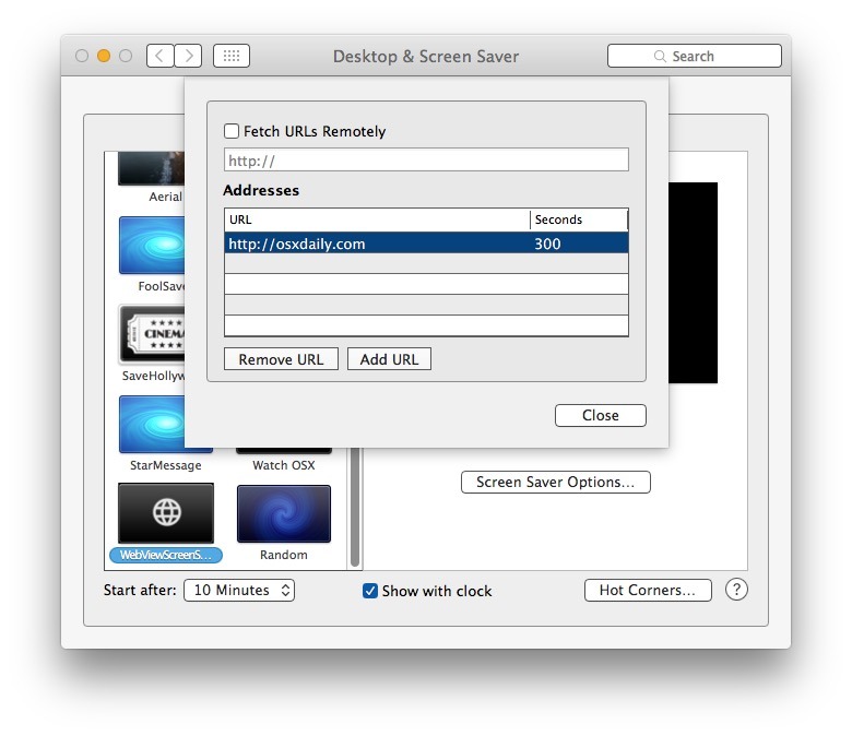 Aggiungi il sito web allo screen saver Mac OS X