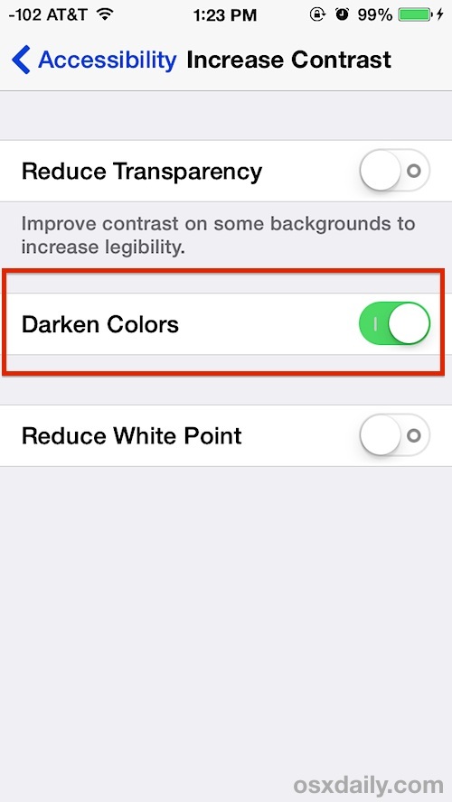 I colori scuri in iOS aumentano la visibilità e il contrasto del testo