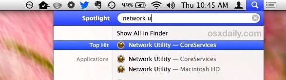 Avvia Network Utility da Spotlight in OS X