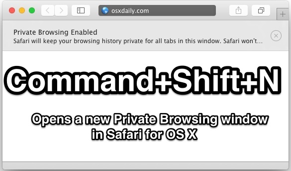 Scorciatoia da tastiera della finestra Safari Private Browsing in Mac OS X