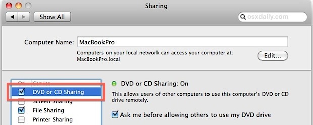 Abilita Condivisione unità CD DVD in Mac OS X.
