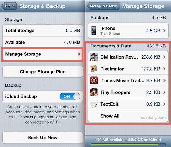 Guarda quali app hanno i documenti archiviati in iCloud da iOS