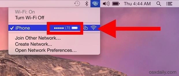 Controlla il segnale e la durata della batteria dell'iPhone dalla barra dei menu Wi-Fi di Mac OS X.