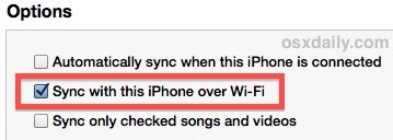 La sincronizzazione Wi-Fi attivata in iTunes è come questa